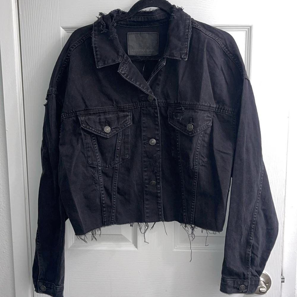 American Eagle Distressed Black Jean Jacket NWT